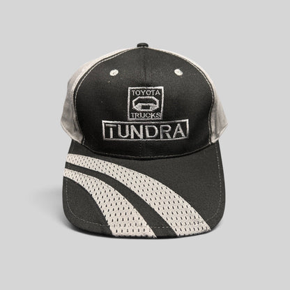 Raree Finds black and gray Toyota Tundra Trucks embroidered cap by Cobra with a mesh-textured brim detail.