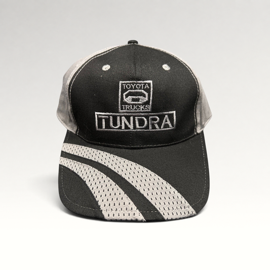 Raree Finds black and gray Toyota Tundra Trucks embroidered cap by Cobra with a mesh-textured brim detail.