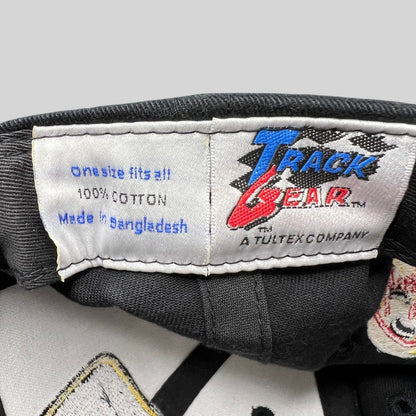 Raree Finds vintage Track Gear by Tultex hat interior label showing 100% cotton material and one size fits all tag