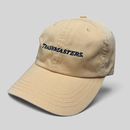 Raree Finds vintage tan cotton dad cap with Trashmasters embroidered script logo on the front