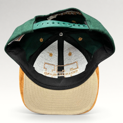 Raree Finds vintage Treasure Island Las Vegas snapback hat with green wool crown and tan suede brim interior view