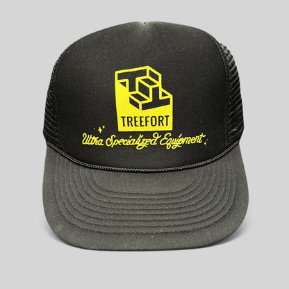Raree Finds black Treefort trucker hat with yellow Ultra Specialized Equipment graphic and braided brim detail
