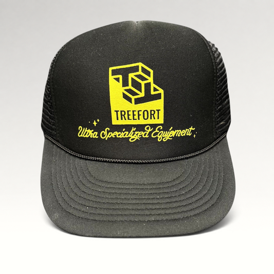 Raree Finds black Treefort trucker hat with yellow Ultra Specialized Equipment graphic and braided brim detail