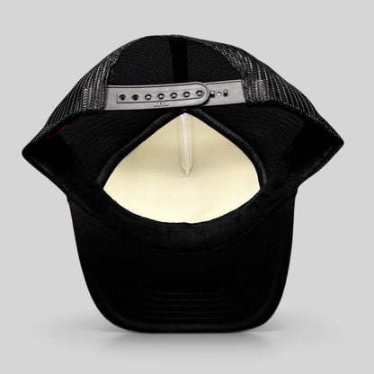 Raree Finds Malibu Ivy Sports Club trucker hat showing the black mesh back and adjustable snapback closure