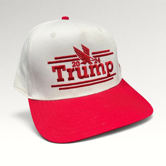Raree Finds Trump 2024 campaign snapback hat with a white crown, red flat brim, and red embroidered eagle logo.