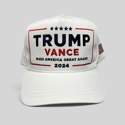 Raree Finds white Trump Vance 2024 snapback hat with red, white, and blue embroidered campaign slogan and flag detail.