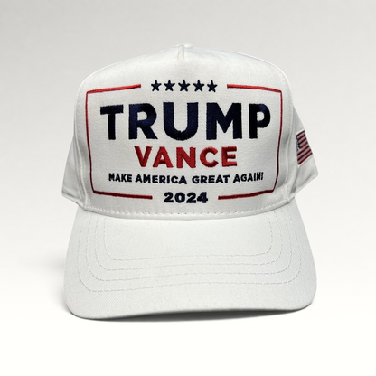 Raree Finds white Trump Vance 2024 snapback hat with red, white, and blue embroidered campaign slogan and flag detail.