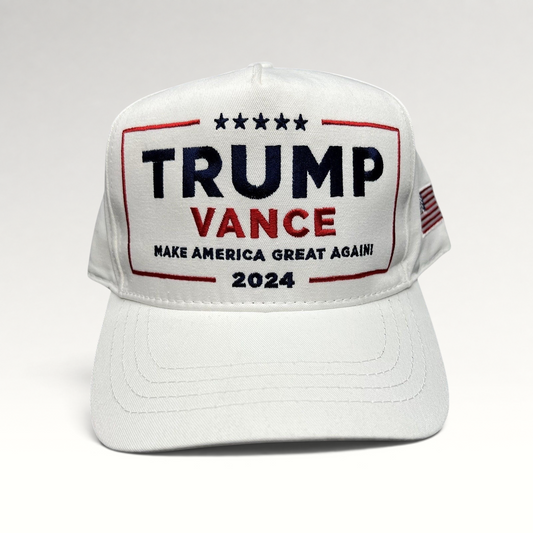 Raree Finds white Trump Vance 2024 snapback hat with red, white, and blue embroidered campaign slogan and flag detail.