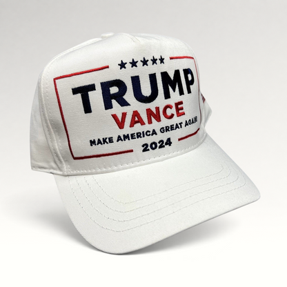 Raree Finds white Trump Vance 2024 snapback hat with red and blue embroidered campaign slogan and structured crown.