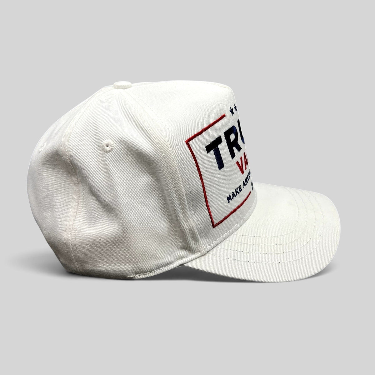 Raree Finds white Trump Vance 2024 snapback hat with red and blue embroidered campaign graphics and structured crown