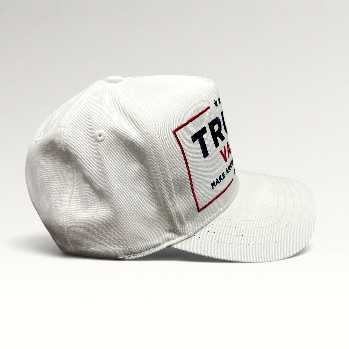 Raree Finds white Trump Vance 2024 snapback hat with red and blue embroidered campaign graphics and structured crown