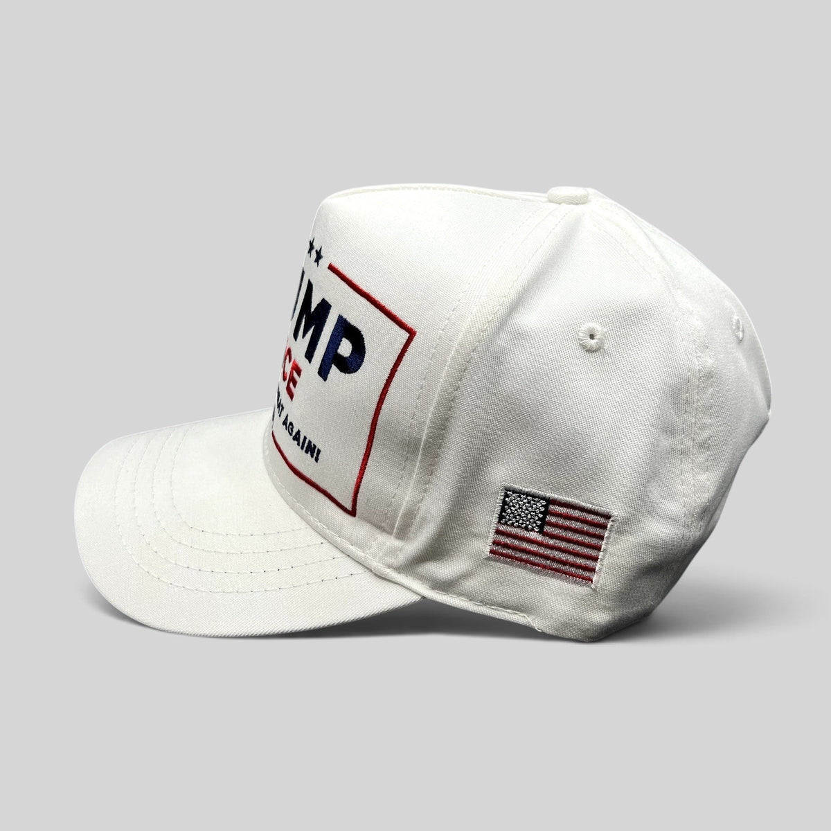 Raree Finds white Trump Vance 2024 snapback hat with red and blue embroidery and American flag side detail