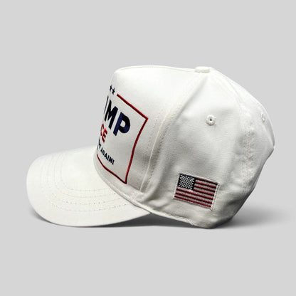 Raree Finds white Trump Vance 2024 snapback hat with red and blue embroidery and American flag side detail