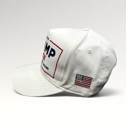 Raree Finds white Trump Vance 2024 snapback hat with red and blue embroidery and American flag side detail