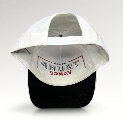 Raree Finds Trump Vance 2024 snapback hat interior view showing white structured crown and black brim
