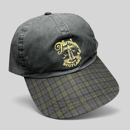 Raree Finds vintage Turnberry Scotland golf hat in navy with a Black Watch tartan plaid bill and lighthouse embroidery.