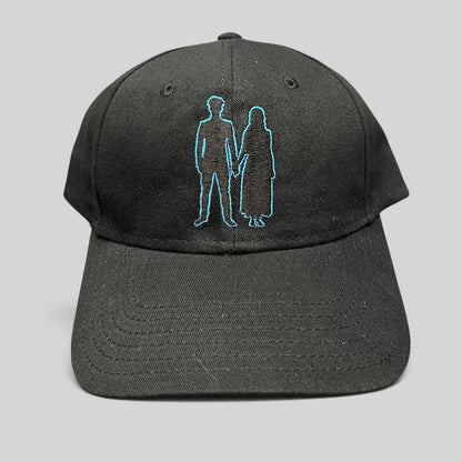 Raree Finds black U2 Experience + Innocence tour strapback hat with blue embroidered silhouette design on front