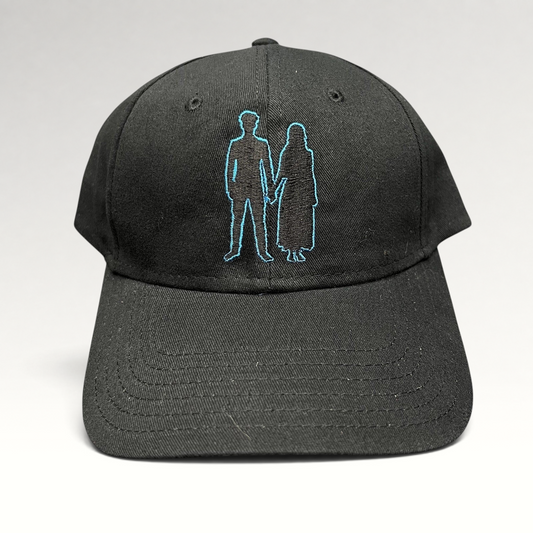 Raree Finds black U2 Experience + Innocence tour strapback hat with blue embroidered silhouette design on front