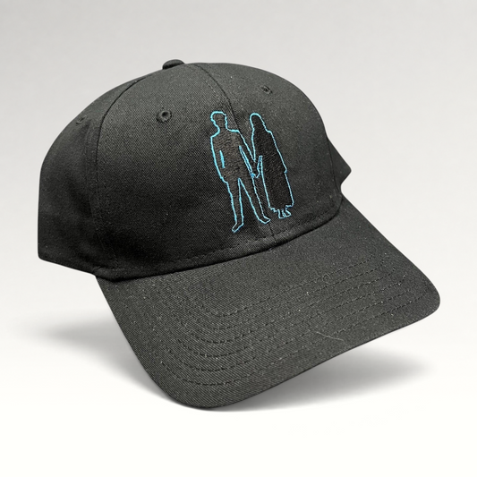 Raree Finds black U2 Experience + Innocence tour strapback hat with blue embroidered silhouette design on the front