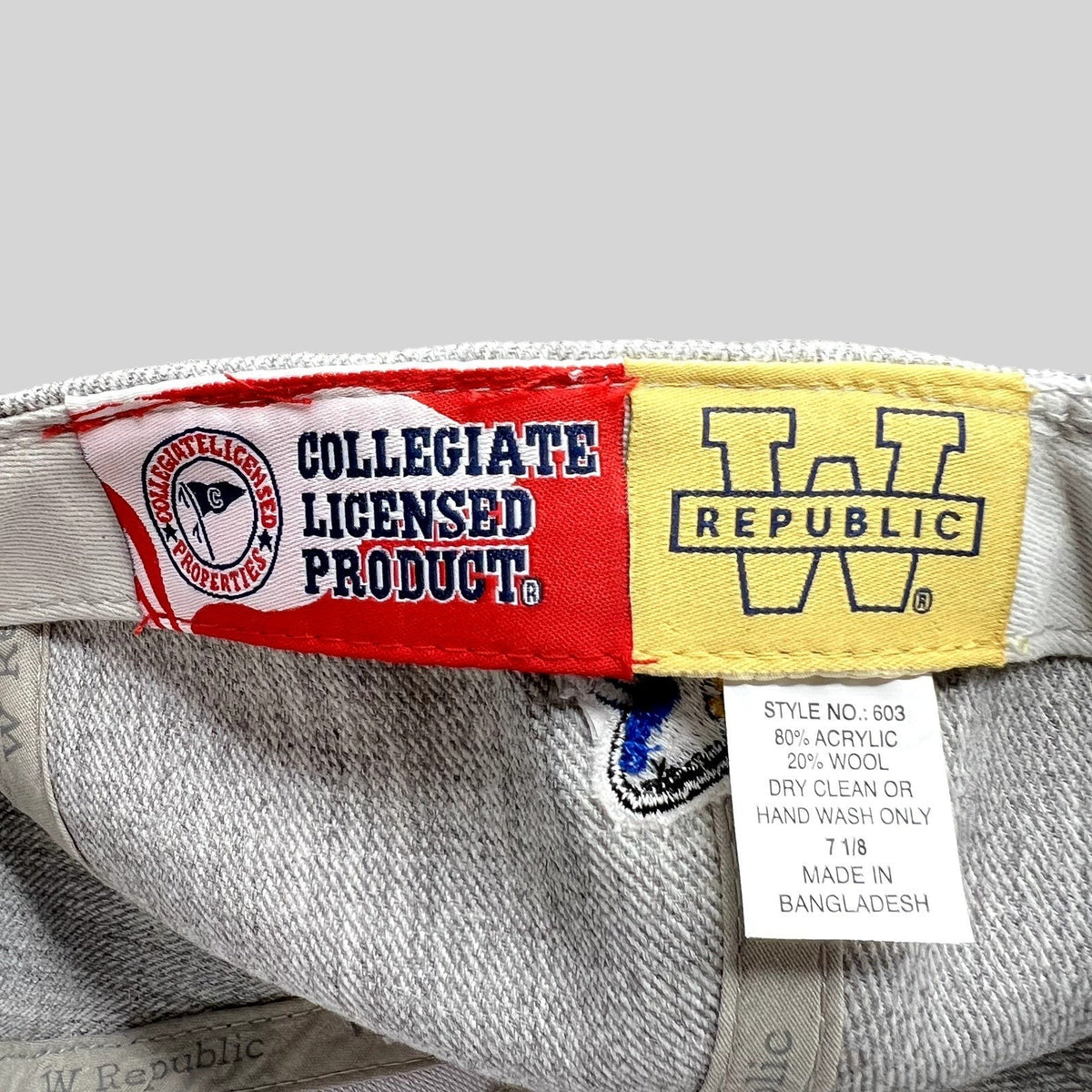 Raree Finds W Republic UCSB fitted hat interior tags showing collegiate licensed product and material composition