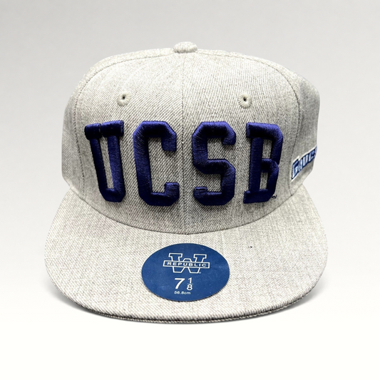 Raree Finds W Republic UCSB Gauchos fitted hat in heather gray with blue raised embroidery and flat brim