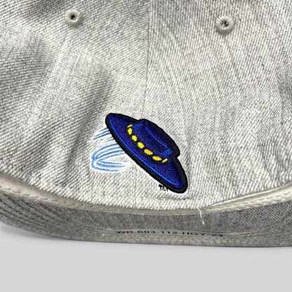 Raree Finds UCSB Gauchos fitted hat featuring a detailed blue and yellow embroidered UFO logo on heather gray fabric.