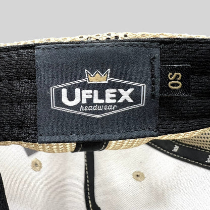 Raree Finds UFlex interior label and OS size tag inside a cream corduroy trucker hat with beige mesh panels