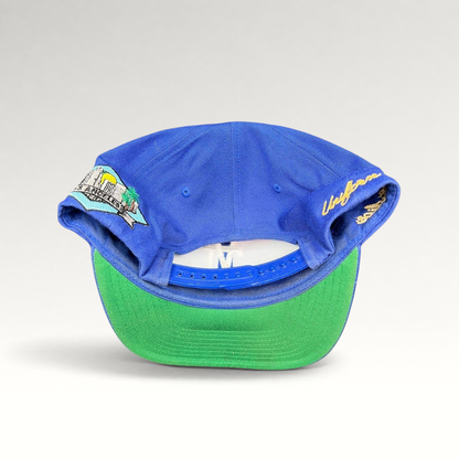 Raree Finds Uniform Studios Los Angeles royal blue snapback hat with green undervisor and city patch detail