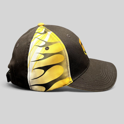 Raree Finds vintage UPS brown and yellow strapback hat featuring bold flame graphic side panels and embroidered logo