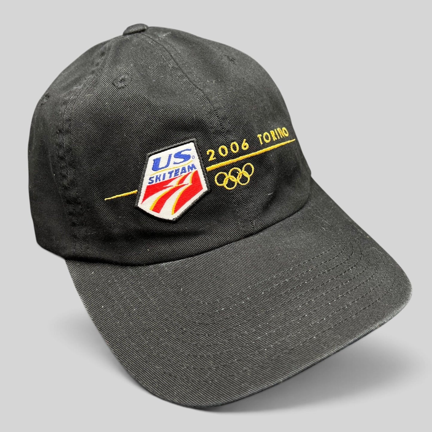 Raree Finds vintage 2006 USA Ski Team Torino Olympics black cotton strapback hat with gold embroidered logo