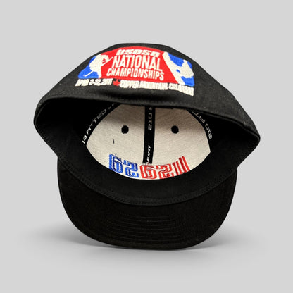 Raree Finds black Flexfit hat from the 2011 USASA National Championships with embroidered event details inside crown
