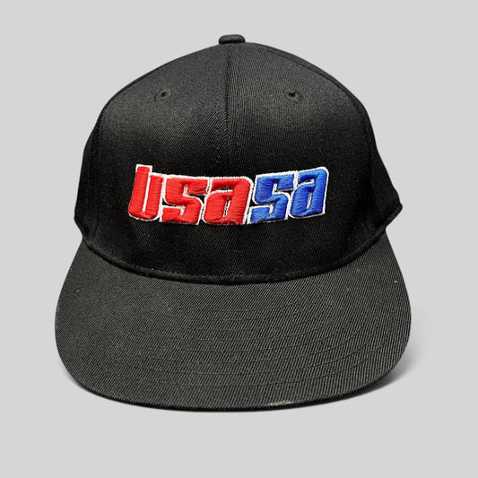 Raree Finds black Flexfit hat featuring embroidered red and blue USA50 logo from 2011 USASA National Championships