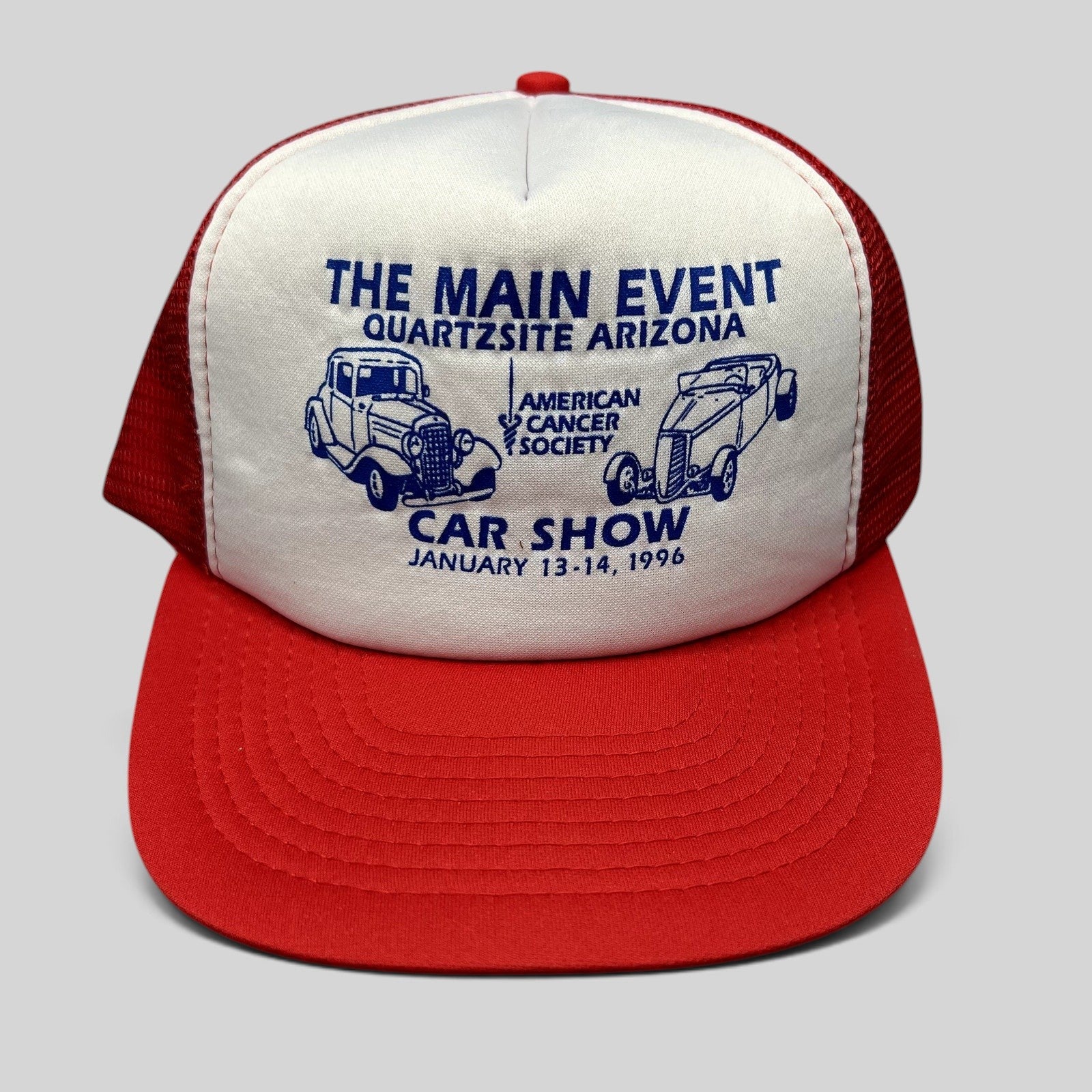Raree Finds vintage 1996 Quartzsite Arizona car show trucker hat with white foam front, red mesh back, and blue graphic