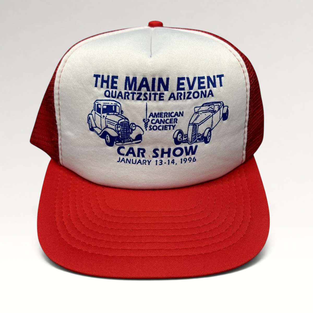 Raree Finds vintage 1996 Quartzsite Arizona car show trucker hat with white foam front, red mesh back, and blue graphic