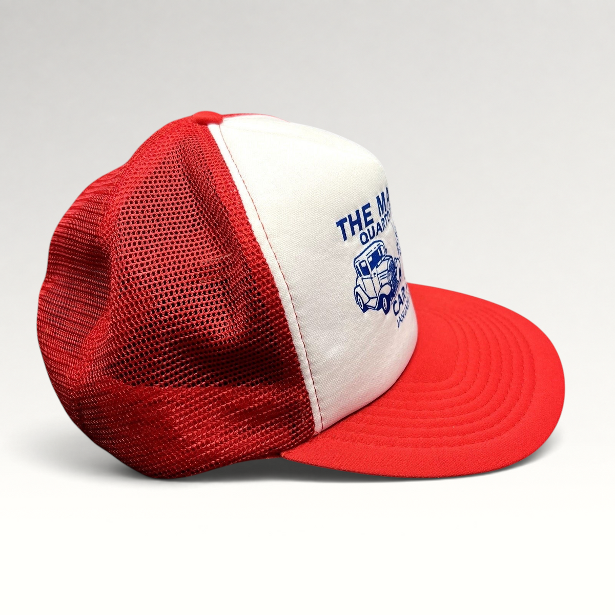 Raree Finds vintage 1996 Quartzsite car show trucker hat with a white foam front, red mesh back, and blue graphic.
