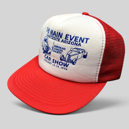 Raree Finds vintage 1996 Quartzsite car show trucker hat with white foam front, red mesh back, and blue graphic print.