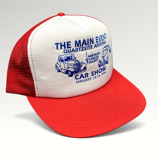 Raree Finds vintage 1996 Quartzsite AZ car show trucker hat with white foam front, red mesh back, and blue graphics.