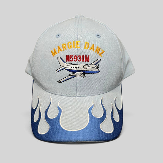 Raree Finds vintage light blue strapback hat with Margie Danz N5931M airplane embroidery and blue flame visor design.