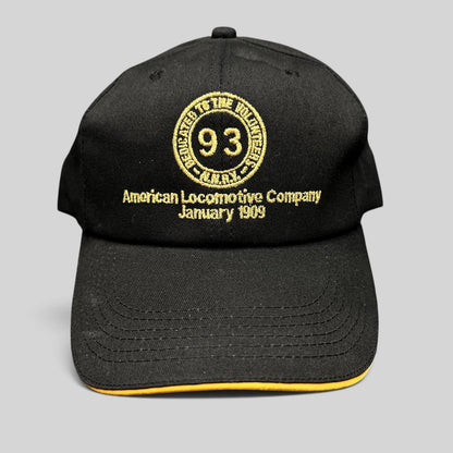 Raree Finds vintage black K-Products strapback hat with gold American Locomotive Company embroidery and rope detail.