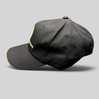 Raree Finds vintage black K-Products strapback hat with gold American Locomotive Company embroidery and brim rope.