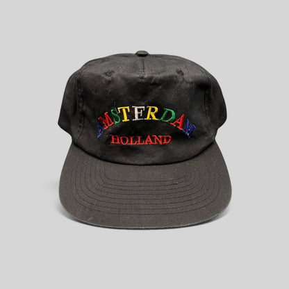 Raree Finds vintage 1990s black cotton snapback hat with colorful Amsterdam Holland embroidery