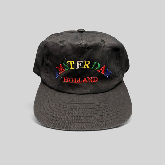 Raree Finds vintage 1990s black cotton snapback hat with colorful Amsterdam Holland embroidery