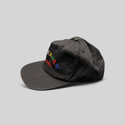 Raree Finds vintage 1990s black cotton snapback hat with colorful Amsterdam Holland rainbow embroidery
