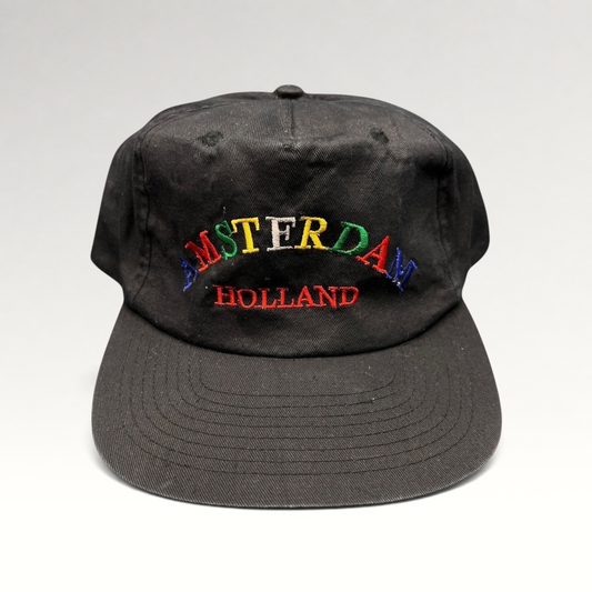 Raree Finds vintage 1990s black cotton snapback hat with colorful Amsterdam Holland embroidery