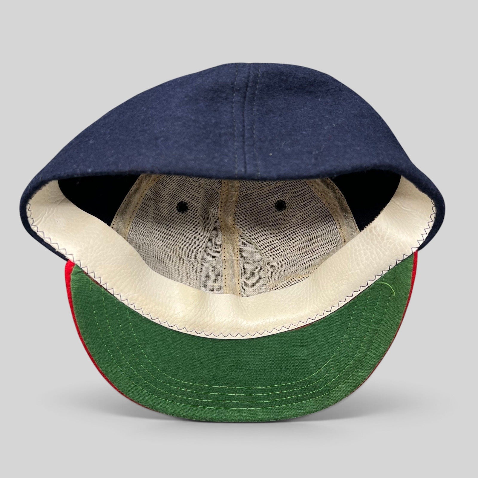 Raree Finds vintage California Angels wool snapback hat interior view showing green undervisor and leatherette band