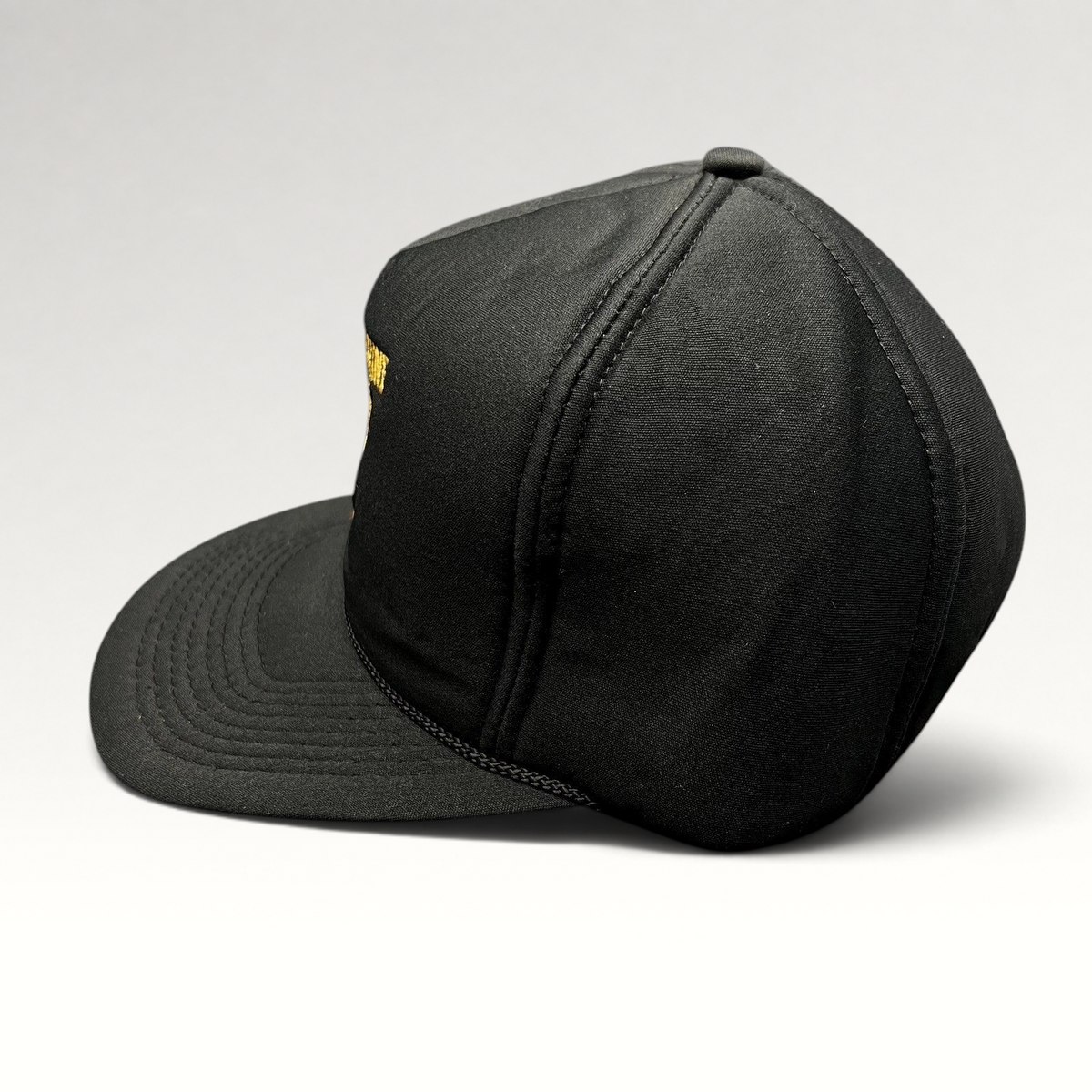 Raree Finds vintage black ARCO Marine snapback hat with foam front, rope brim detail, and structured crown.