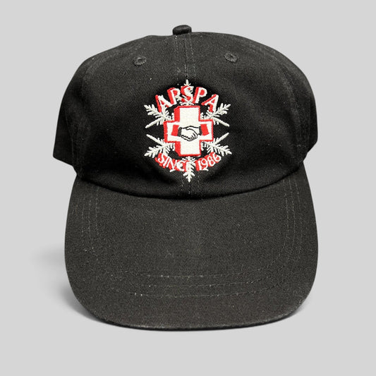 Raree Finds vintage black cotton ASPA Ski Patrol hat with embroidered cross logo and Since 1946 text