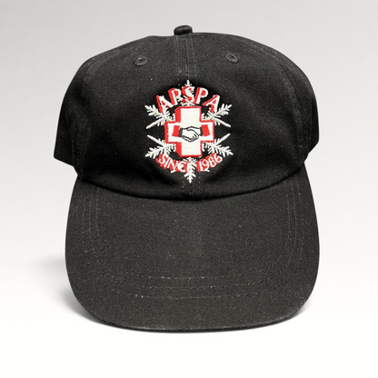 Raree Finds vintage black cotton ASPA Ski Patrol hat with embroidered cross logo and Since 1946 text