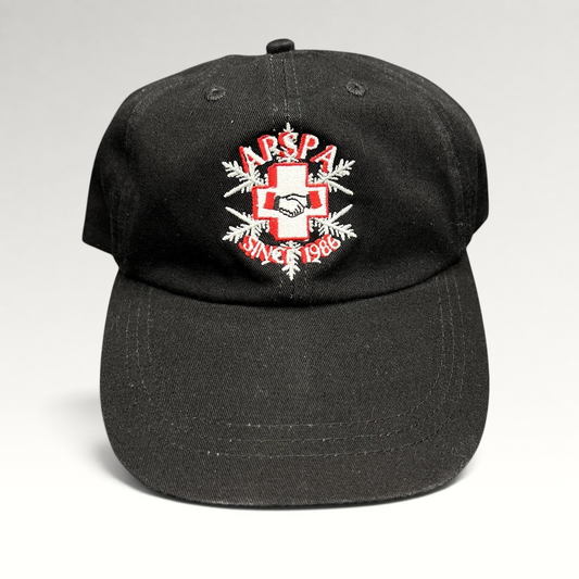 Raree Finds vintage black cotton ASPA Ski Patrol hat with embroidered cross logo and Since 1946 text