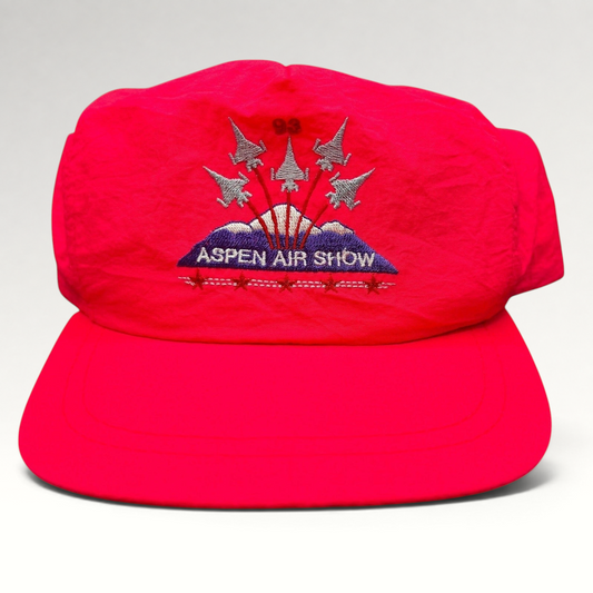 Raree Finds vintage 1993 neon red Aspen Air Show snapback hat with embroidered fighter jet and mountain graphic